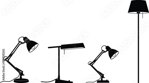 Silhouette set of modern desk and floor lamps showing minimalist interior lighting design, black isolated electric fixtures for home office decor illustration
