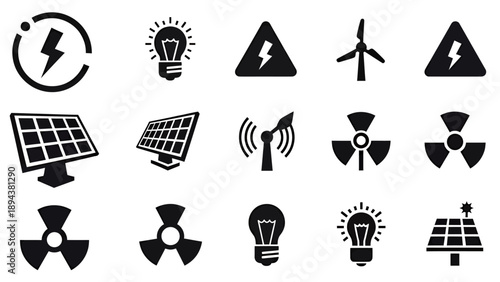 Collection of black and white energy-related icons including solar panels, wind turbines, light bulbs, and nuclear power symbols.