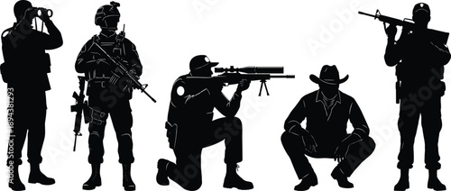 Silhouettes of armed military and tactical operators in varied poses, snipers and patrol figures isolated on white background for security, defense, and surveillance concepts