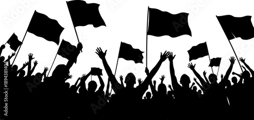 Silhouette crowd of cheering people waving flags in unity, symbolizing protest, celebration, freedom, democracy, social movement, political activism and collective power concept