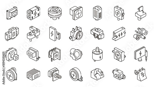 Isometric line art icons depicting a variety of electronic and electrical components, parts, and industrial devices with lightning bolt symbols.
