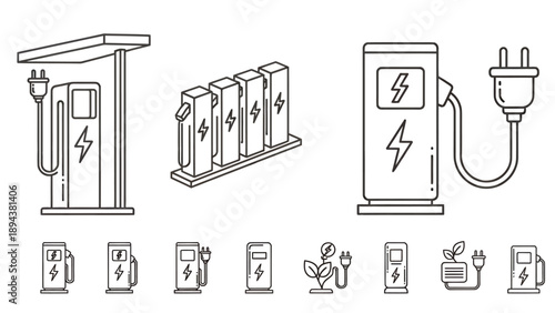 Line art icons of electric vehicle charging stations and plugs, illustrating various designs for EV infrastructure and sustainable transport.
