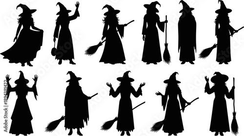 Set of witch silhouettes in magical poses with hats and brooms, black Halloween fantasy characters isolated on white background for spooky design, folklore art, and seasonal decoration