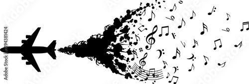Silhouette airplane transforming smoke trail into musical notes symbolizing creative travel, sound journey, imagination, music inspiration, abstract art concept, and fusion of aviation and melody