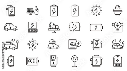 Collection of line icons illustrating electric power, battery charging, solar energy, and electric vehicles.