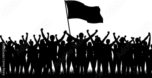 Silhouette crowd raising fists and waving flag in mass protest, symbolizing unity, freedom, activism, democracy, resistance, solidarity and collective power on white background