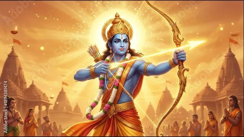 Lord rama aims his divine arrow in a majestic, golden digital illustration celebrating ram navami among devotees.