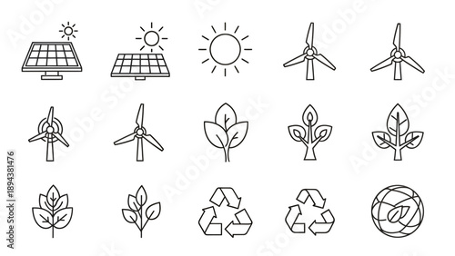 Minimalist line art icons representing renewable energy sources, environmental sustainability, and ecological concepts.