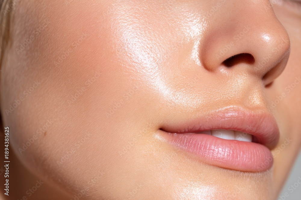 Obraz premium Detailed Close-Up of Healthy Luminous Skin Texture of a Woman's Face