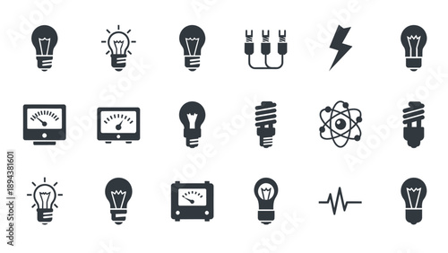 A collection of dark silhouette icons representing various electrical and scientific concepts, including light bulbs, meters, lightning, and atomic structures.