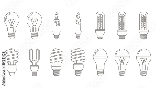 A collection of line art icons depicting various types of light sources, including incandescent, candle, fluorescent, and LED bulbs in a clean, outlined style.