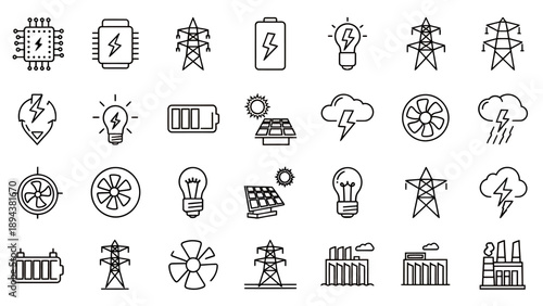 A comprehensive set of line icons representing various aspects of energy, electricity, power generation, and technological infrastructure.