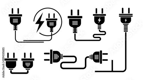 A collection of black and white electrical plug icons with power cords and lightning bolt symbols, representing electricity and connection.