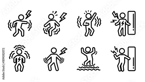 Set of line icons depicting people experiencing electric shock, pain, and various forms of physical discomfort or injury.