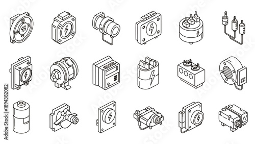 Isometric line art icons of various electrical and electronic components, industrial parts, and power devices in a collection.