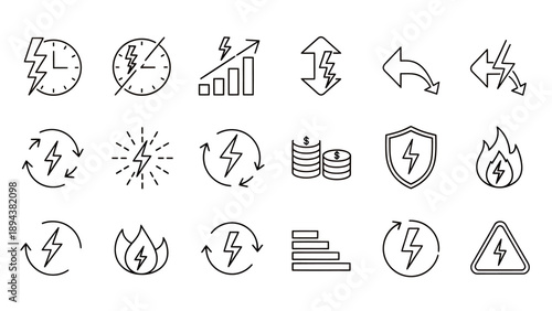 A collection of line icons representing energy, electricity, time management, financial growth, security, and power-related concepts.