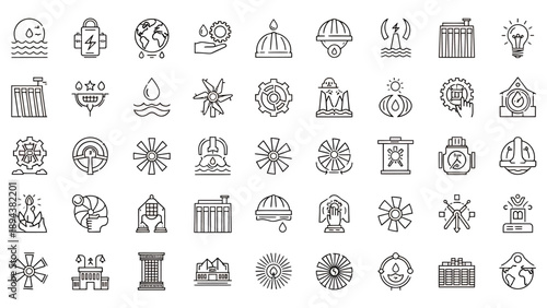 A diverse collection of line art icons depicting renewable energy sources, environmental sustainability, and green technology concepts.