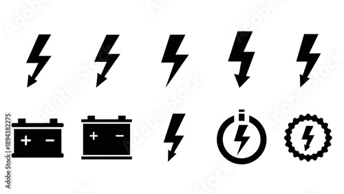 Collection of black vector icons representing electricity, power, lightning bolts, and car batteries on a white background, symbolizing energy and electrical concepts.