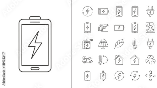 A comprehensive collection of minimalist line art icons illustrating energy, battery charging, renewable power sources, electric vehicles, and environmental sustainability concepts.