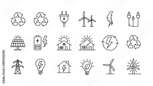 Collection of line icons representing renewable energy, sustainability, and electricity concepts, including solar panels, wind turbines, and recycling symbols.