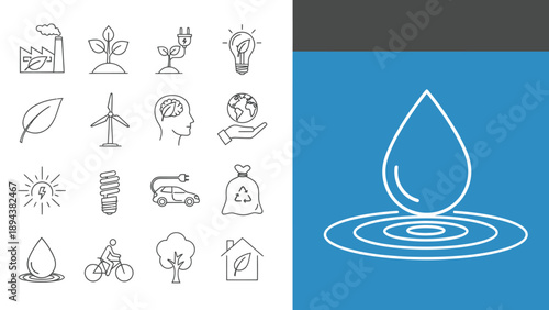 A collection of line art icons representing environmental concepts, renewable energy, sustainability, and a prominent water drop with ripples.