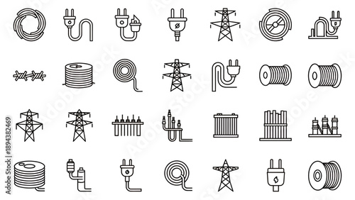 A comprehensive collection of line art icons depicting various electrical components, power infrastructure, cables, plugs, and transmission towers.