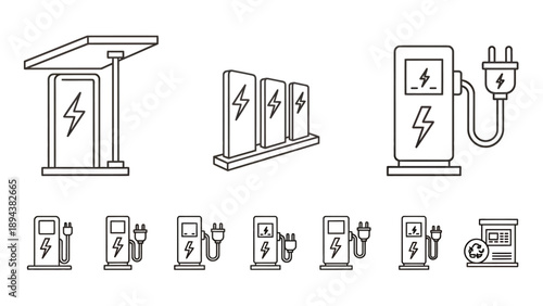 Collection of line art icons depicting various electric vehicle charging stations and EV chargers with lightning bolt symbols.