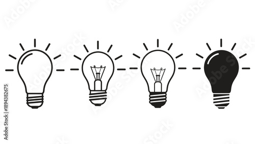 Four distinct light bulb icons in a row, illustrating different design styles and states of illumination or ideas.