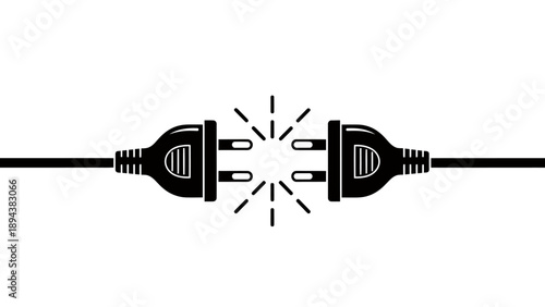 Black and white illustration of two electrical power plugs about to connect, symbolizing connection, power, or a solution.