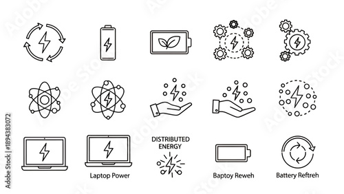 A collection of line icons representing various aspects of energy, power, batteries, and technology, including concepts like distributed energy, laptop power, and battery refresh.
