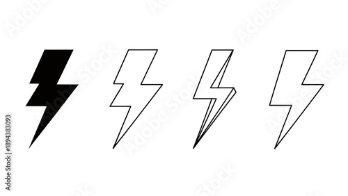 Set of four distinct lightning bolt icons in black and white, featuring solid and outline styles, symbolizing power, energy, and electricity.