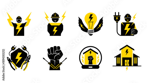 A set of eight black and yellow vector icons depicting electricians, electrical tools, power symbols, and energy-related concepts for industry and services.