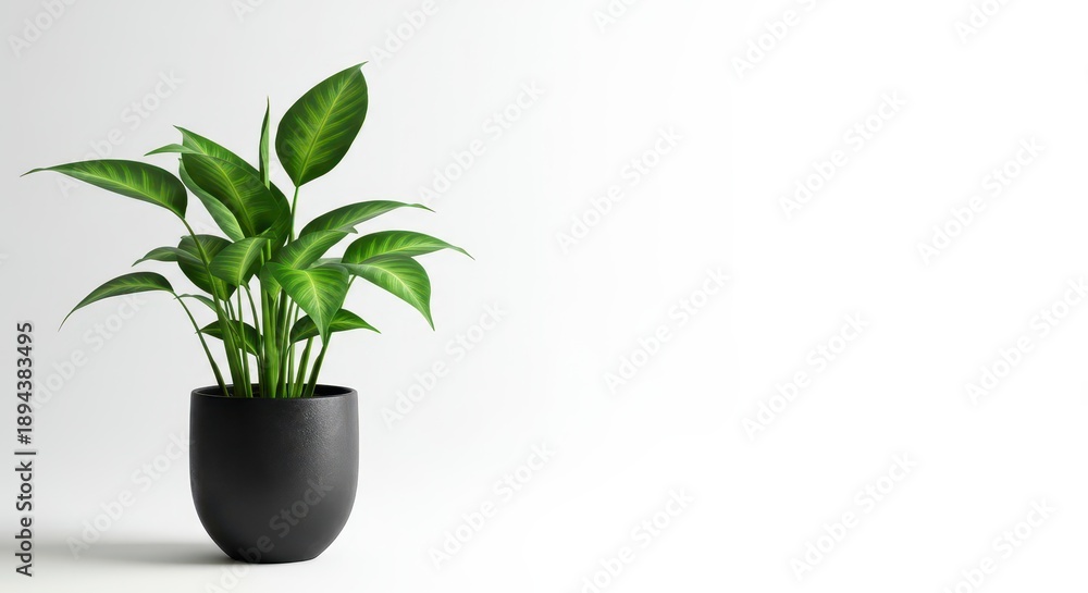 Fototapeta premium Simple modern potted houseplant featuring vibrant green leaves and a dark vessel, perfectly isolated on clean white, shadow, pure white, indoor