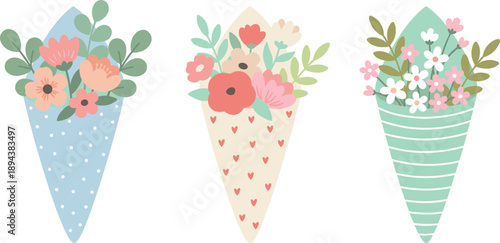 Flower Bouquets Set Spring Floral Gifts With Tulips And Roses Vector Illustration on transparent background