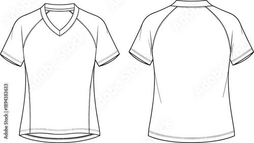 Front and back view technical fashion illustration of short sleeve V neck t shirt with raglan seams line art apparel design template on white background