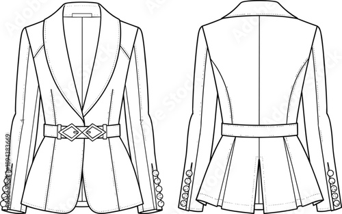 Front and back view technical fashion illustration of tailored blazer jacket with belt buttons lapel seams line art apparel design template isolated on white background