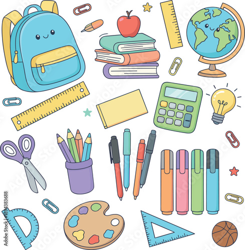 Hand Drawn School Supplies Set Back To School Cute Education Vector Illustration on transparent background