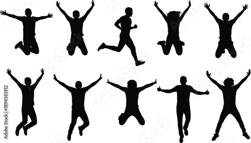 Happy jumping people silhouette illustration set showing energetic men and women celebrating success, freedom and joy poses, active lifestyle concept, teamwork motivation, black vector collection