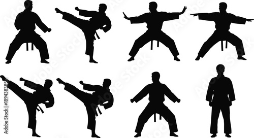 Karate martial arts silhouettes showing men performing fighting stances and high kicks in multiple poses isolated on white background, combat training vector illustration set