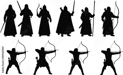 Medieval archer and warrior silhouette set with swords, bows, and spears, black fantasy fighters illustration collection for historical games, battle scenes, logos, and artwork