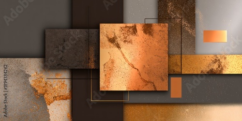 Geometric composition with layered abstract shapes in neutral earth tones with metallic textures