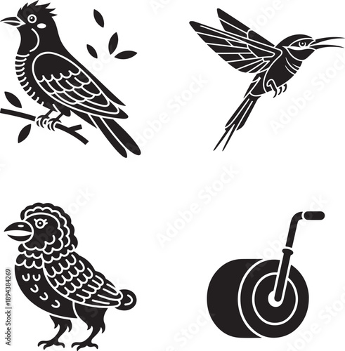 Garden Nature Vector Set – Hummingbird, Songbird, Hen, and Lawn Roller Icons