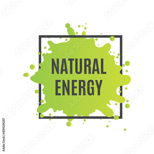 Natural energy product announcement banner with creative green ink splash and black square border outline