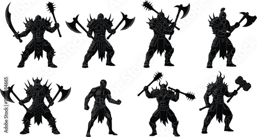 Dark fantasy warrior silhouette set featuring armored knights and barbarian fighters with axes and maces, epic medieval battle characters for games, logos, illustrations