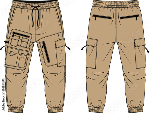 Front and back view technical fashion illustration of cargo jogger pants with drawstring waistband multiple utility pockets line art apparel design template on white background