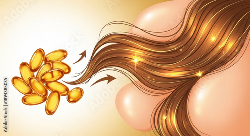 Golden hair care concept with flowing locks and nourishing oil capsules on a soft gradient background
