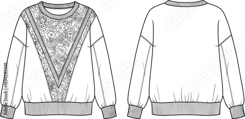Front and back view technical fashion illustration of crew neck sweatshirt with floral panel detail ribbed cuffs hem line art apparel design template on white background