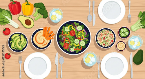 Healthy meal setting with salad vegetables fruits on a wooden table top for nutrition or diet concept
