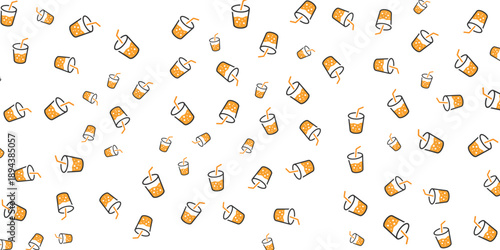 Seamless pattern of orange drinks with straws on a white background, cartoon style