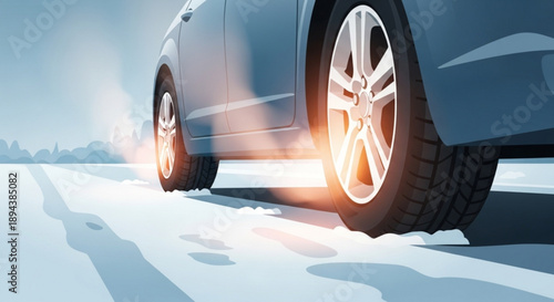 Car wheel slipping on icy road with glowing tire snow covered landscape winter driving conditions